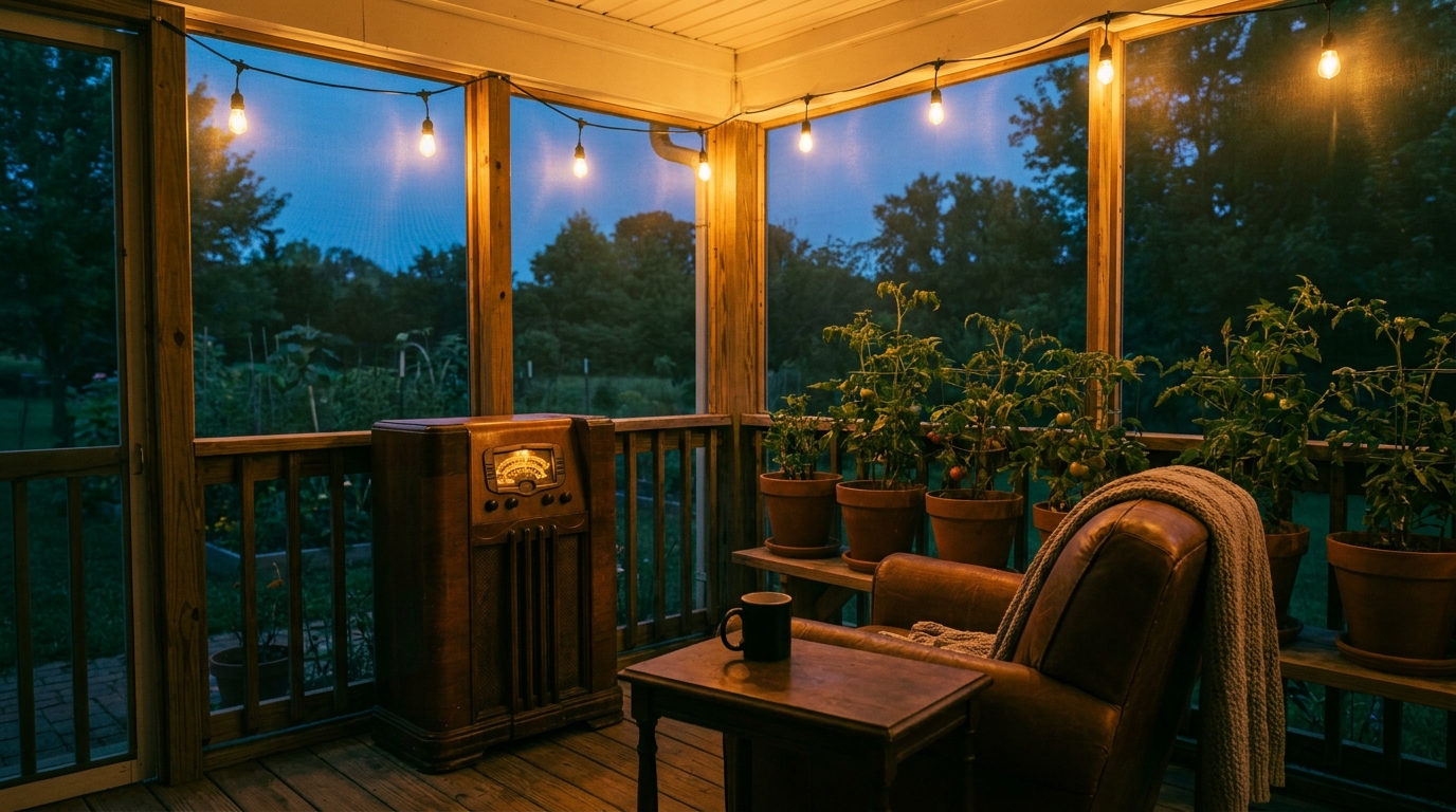 A screened porch at dusk — a vintage radio glowing under Edison lights, tomato plants along the rail.