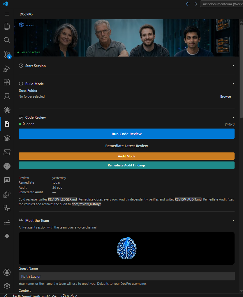 The Loam sidebar in VS Code: Start Session, Build Mode, a Code Review panel with Run, Remediate, and Audit controls, a Meet the Team panel for a live voice session with the full team, and a Call Team panel for focused one-on-one calls with a single team member.