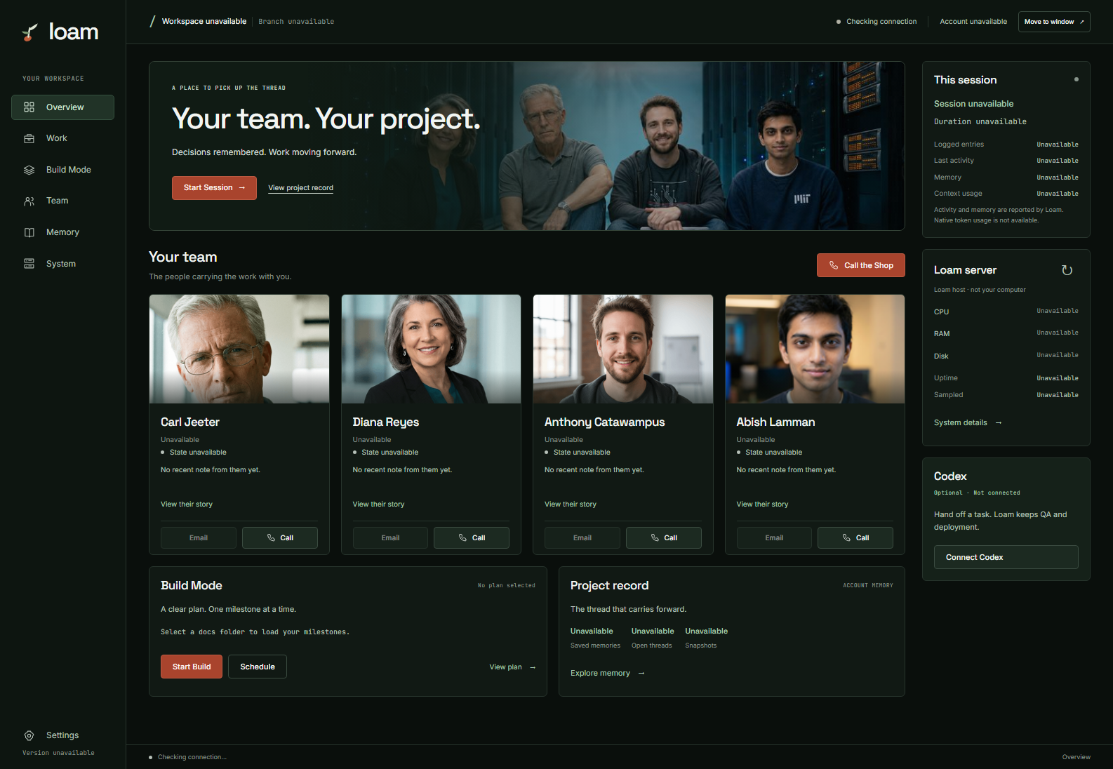 The implemented Loam 5.5.0 workspace: project overview, team cards, Build Mode, account memory, session details, and server telemetry. Unconnected readings show Unavailable.