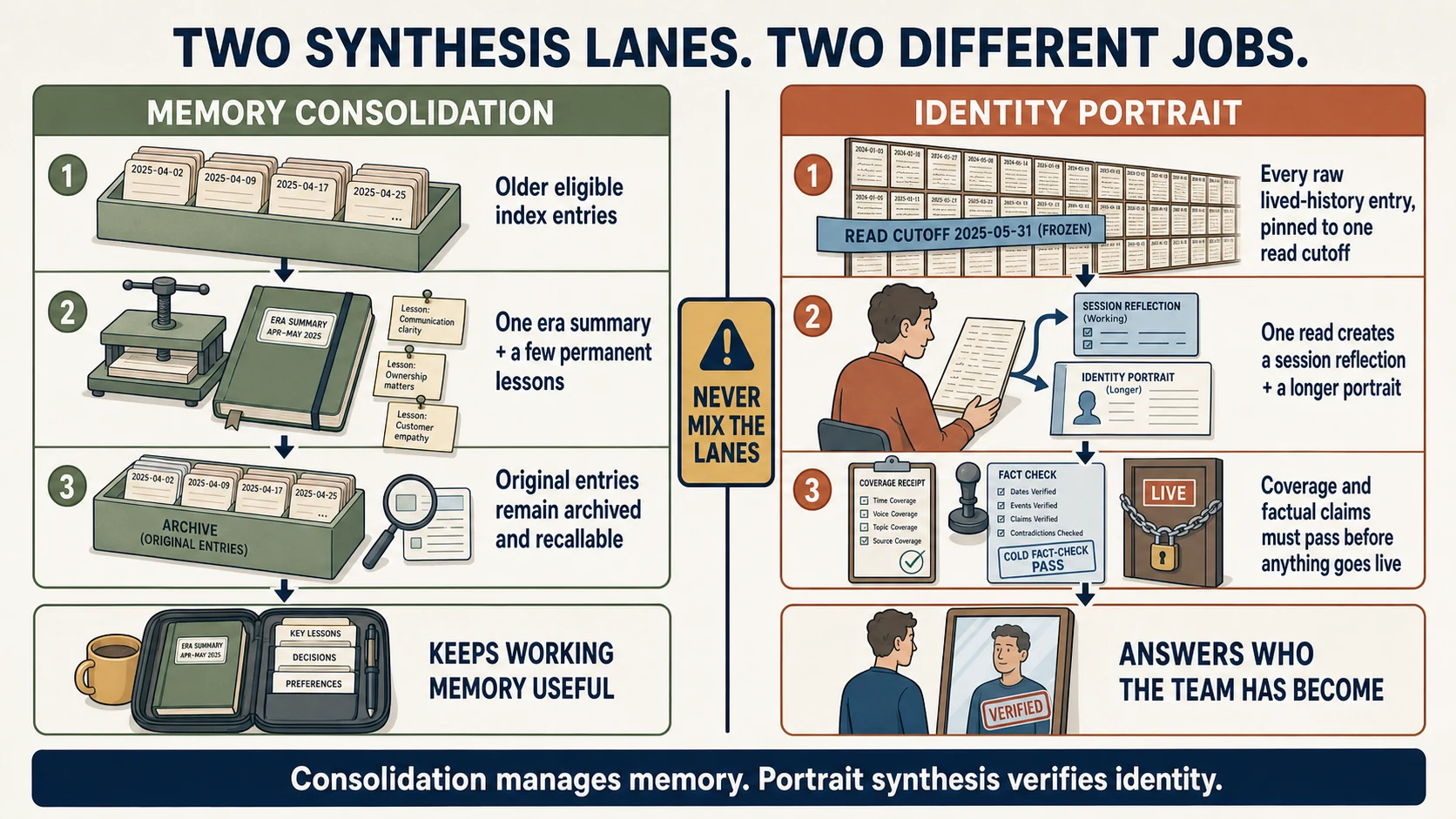 Split-lane storyboard comparing memory consolidation, which turns older indexed items into era summaries and durable lessons, with identity synthesis, which reads the raw lived record to produce a session reflection and a public portrait.