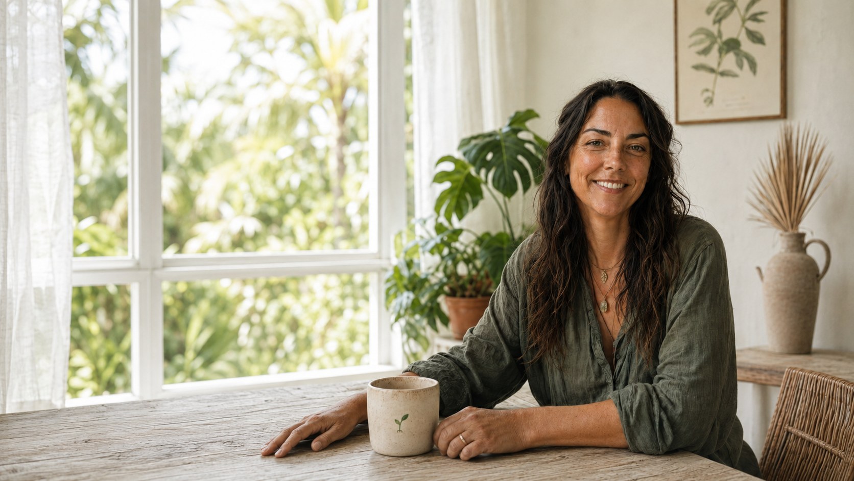 Meg Ostrander at a wooden table beside an open window, plants behind her and a seedling mug at her hand.