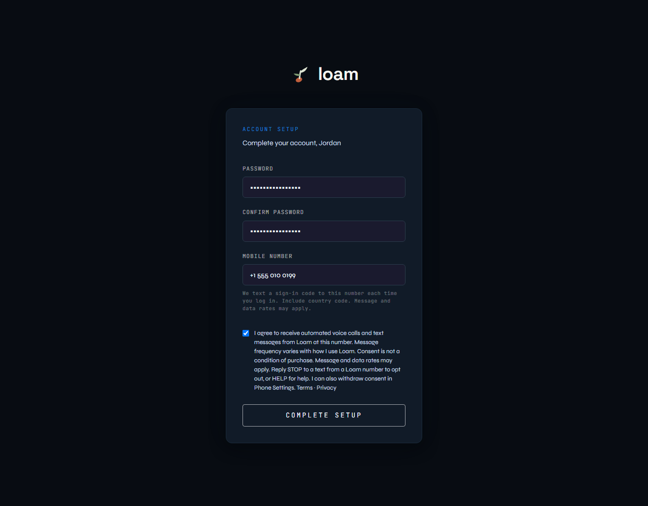 The same setup form filled in with an example mobile number and the consent checkbox checked.